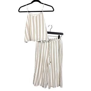 Allie Rose Rayon Pants Set Crop Top Loose Flowy Fit Tan White Stripe Size S